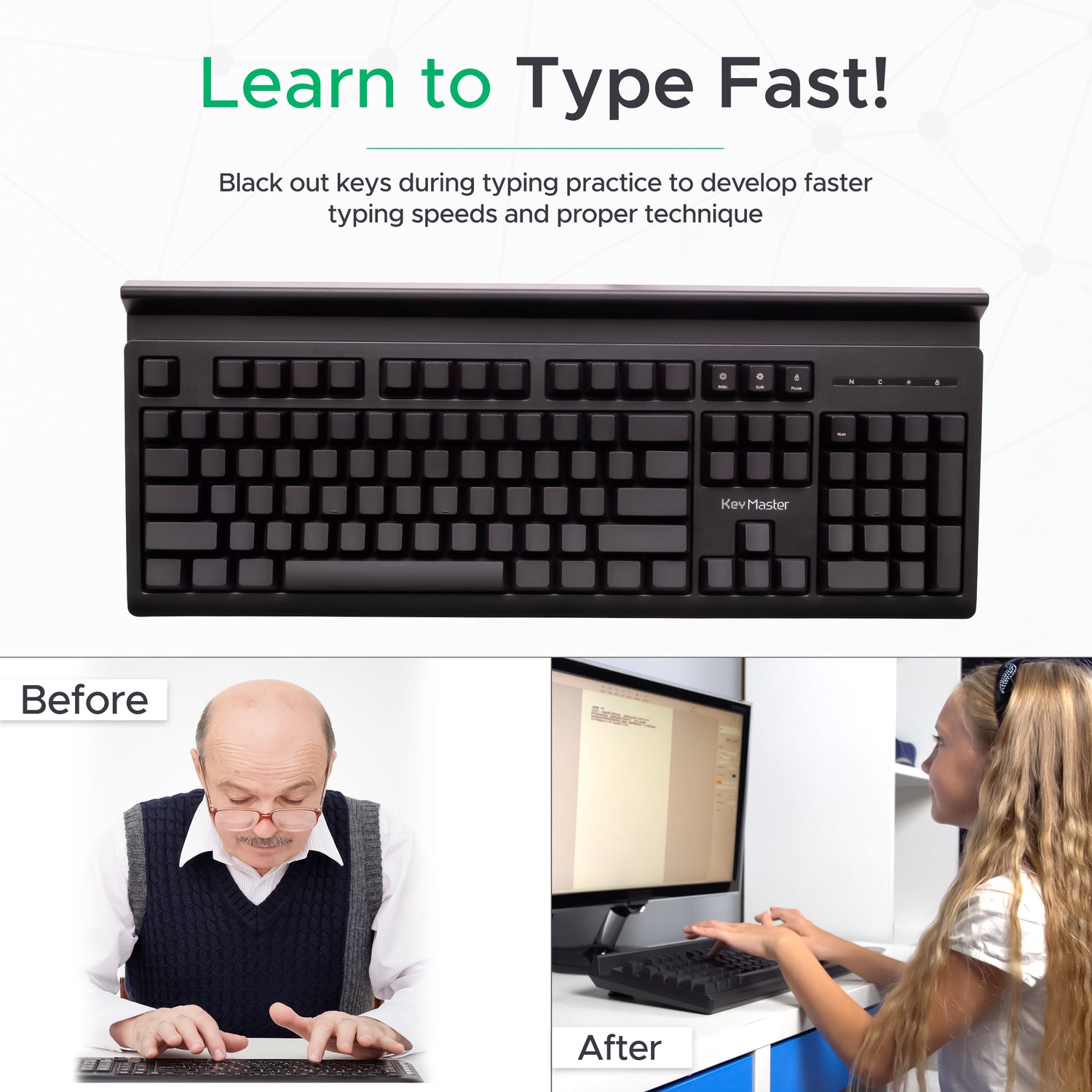 El teclado KeyMaster Learning Lights oculta la visibilidad de las teclas mientras los estudiantes aprenden mecanografía.