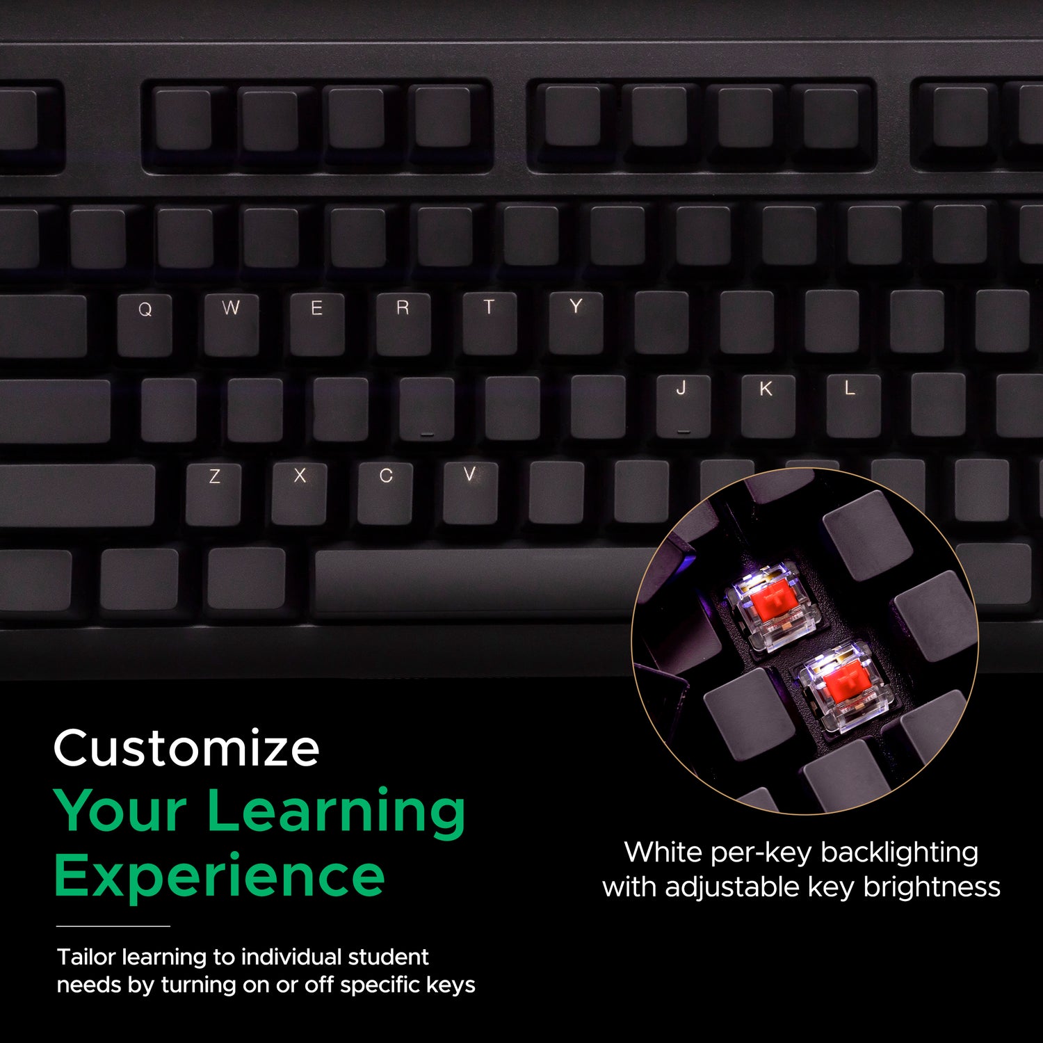 El teclado KeyMaster Learning Lights oculta la visibilidad de las teclas mientras los estudiantes aprenden mecanografía.