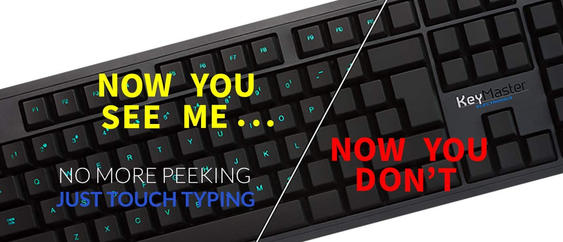 Learn how to touch type keyboard for teaching typing mastery.  Easily show or hide key visibility by turning on or off key lighting.  KeyMaster Learning Lights Keyboard with blank or visible keys for student keyboarding instruction